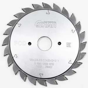 Дисковая пила с PCD напайкой подрезная двухкорпусная 120x2,8-3,6/2,2x20 z12+12 Y  "Инструменты ДИАЛ",
